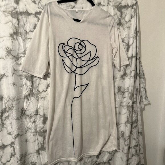 Dresses & Skirts - Modern Minimalist White Tunic Dress with Abstract Rose Design - Size M